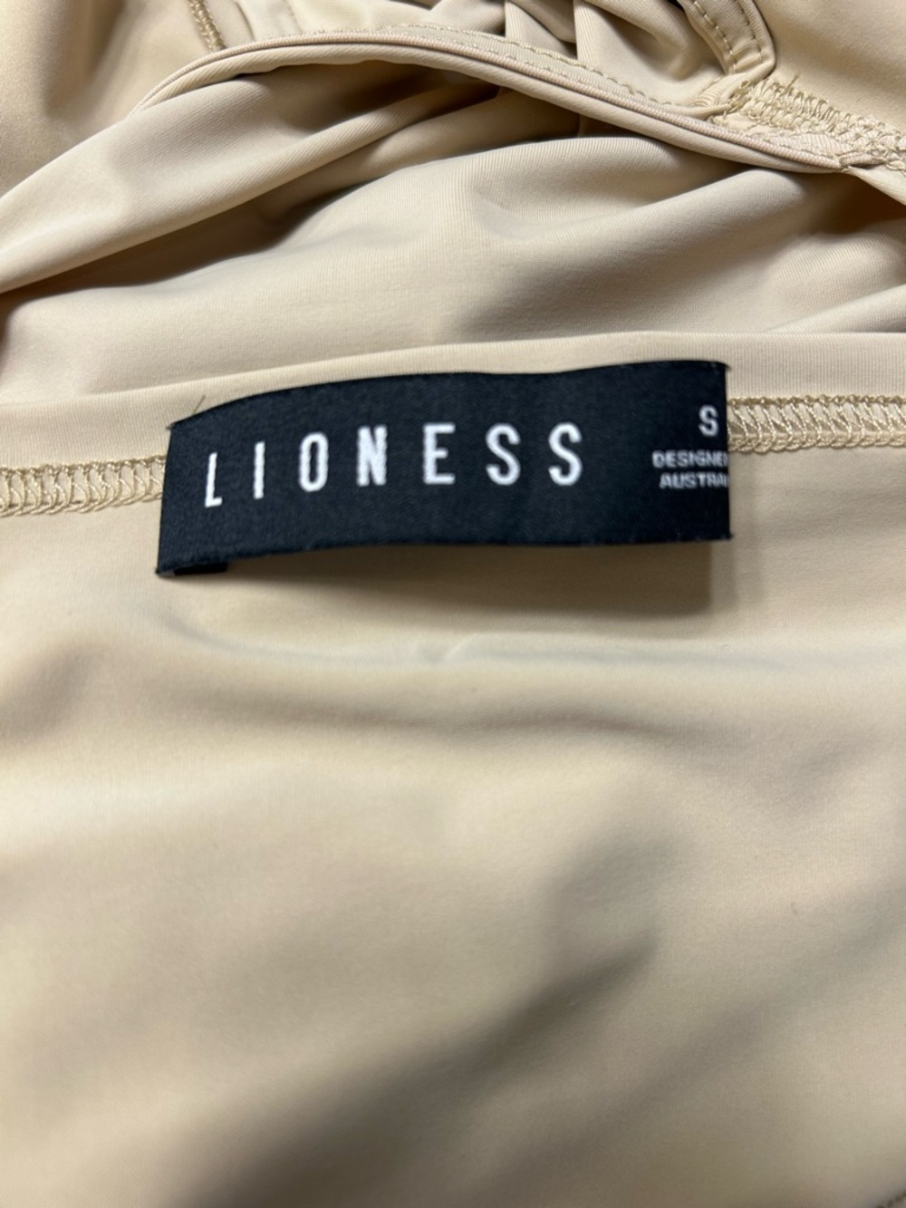Lioness Beige Sleeveless Ruched Ruffle Mini Dress, Open Back Tie, Stretch SZ S - Picture 5 of 6